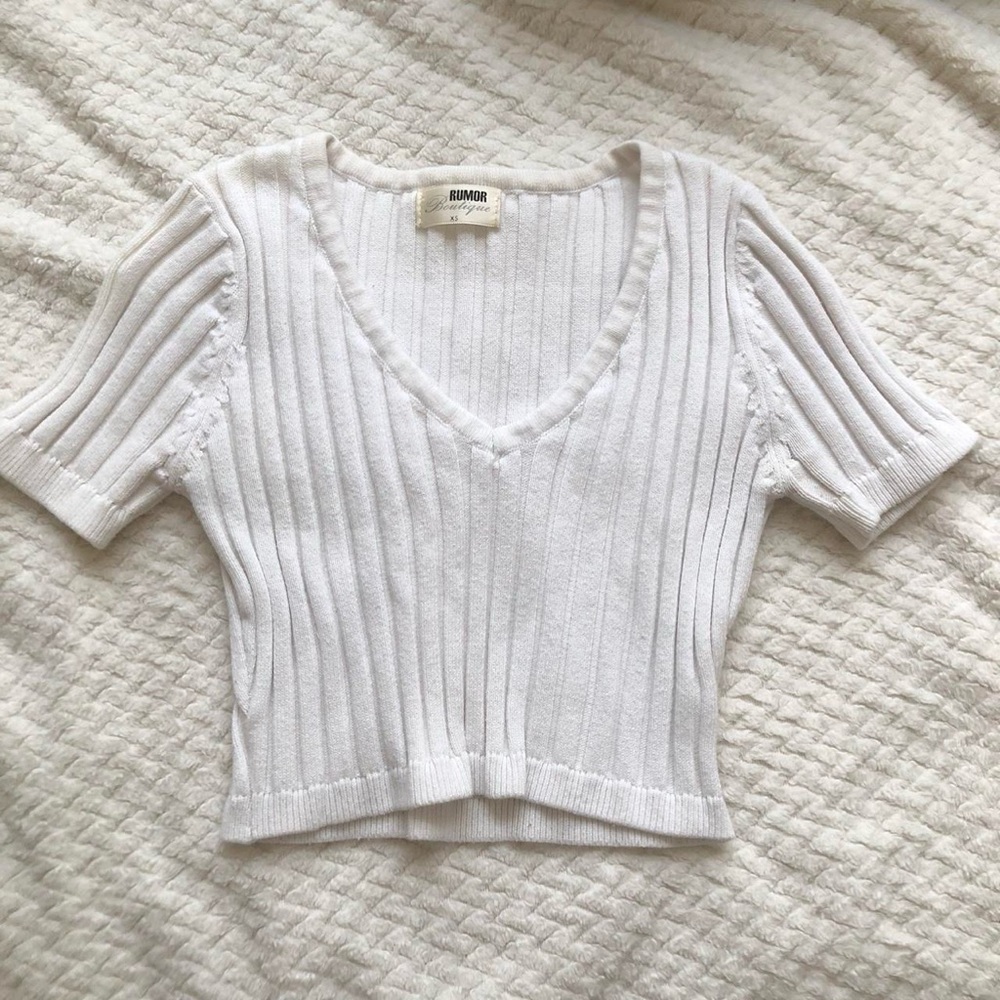 Ribbed White V-Neck Top